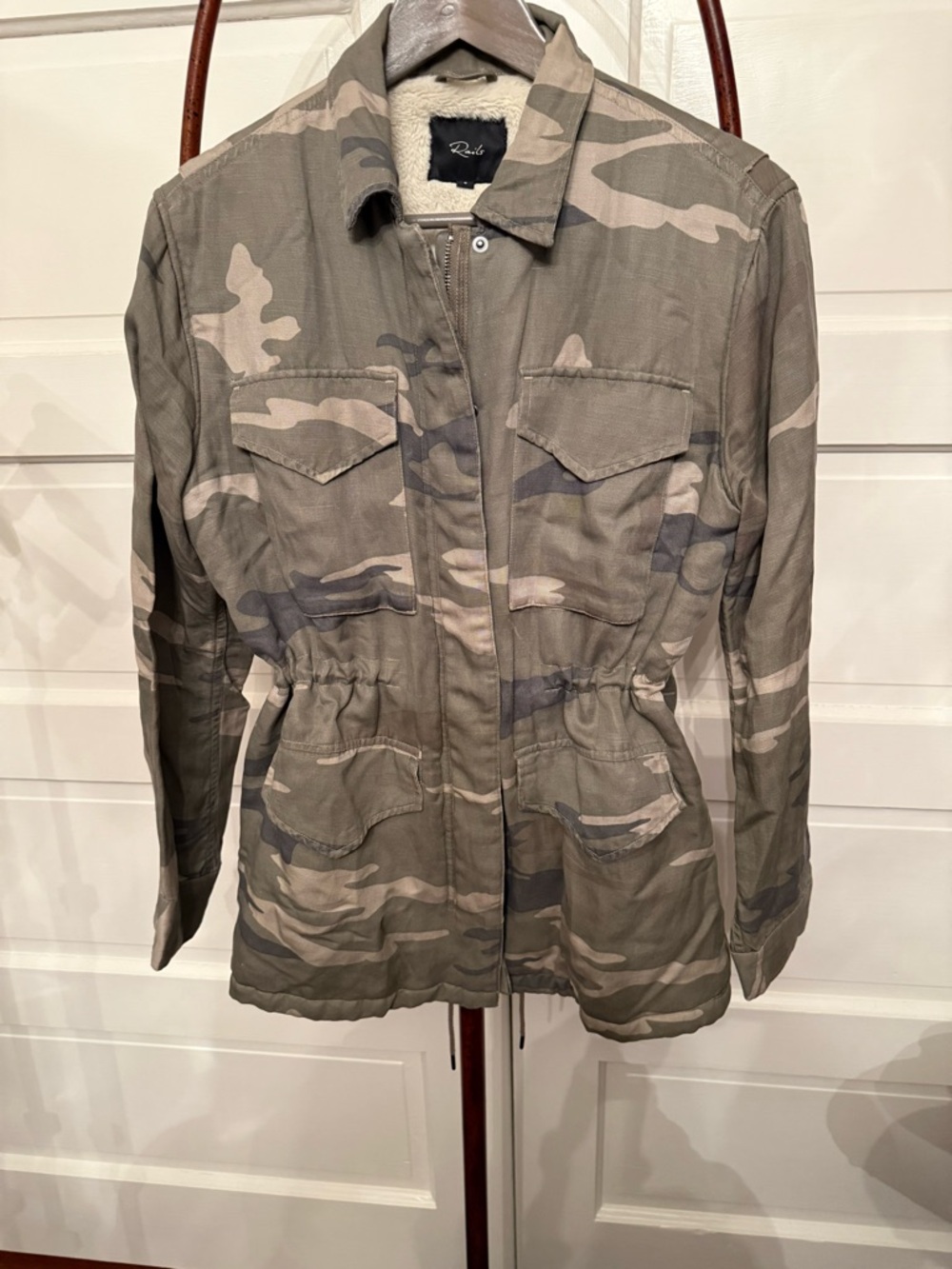 Rails Whitaker Sage Camo Utility Jacket Sherpa Lined Tencel Linen Small